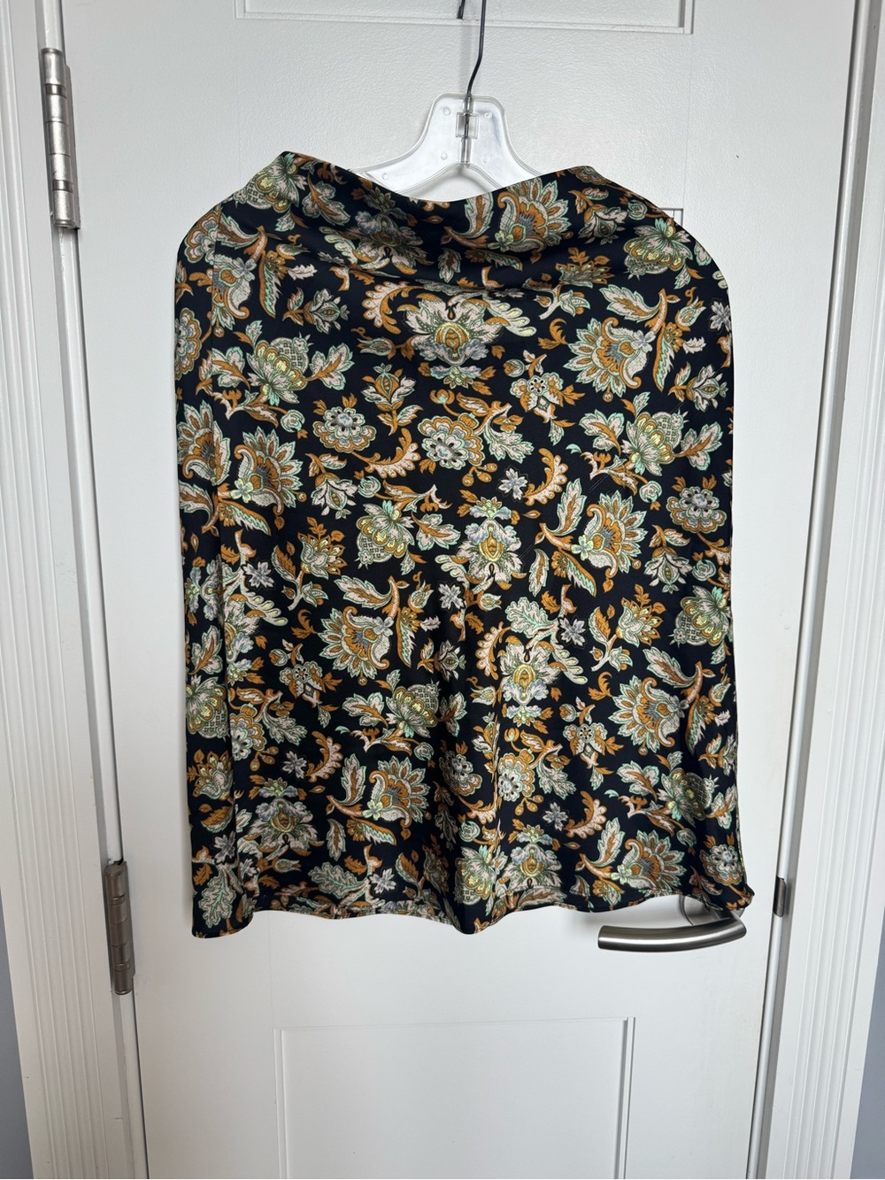 Ann Taylor Floral Paisley Satin Midi Skirt in Black with Gold and Green Accents